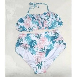 Women's 2 Piece Floral High Waisted Bottom & Halter Top Swim Suit Size Medium